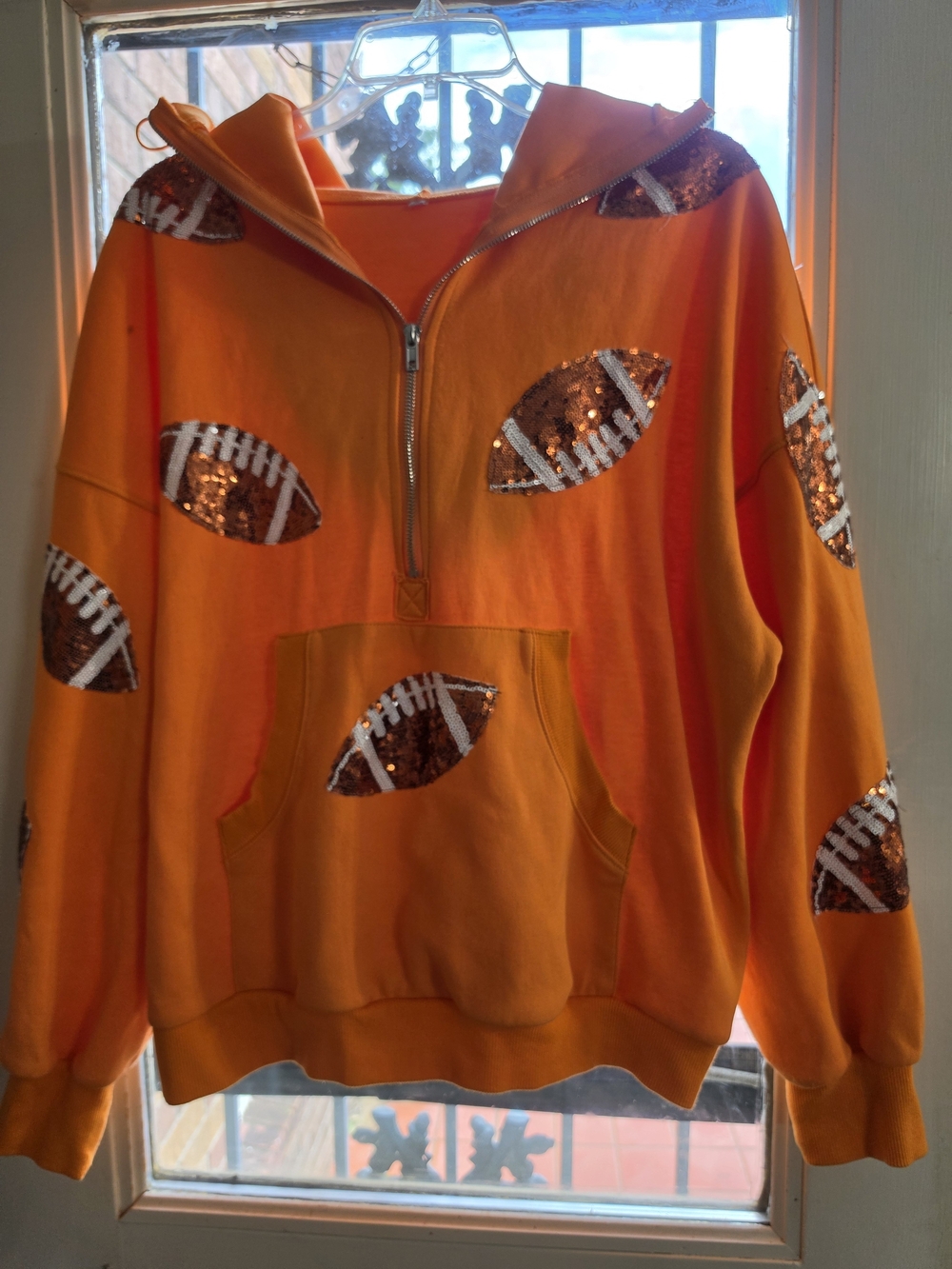 Womens Half-Zip Orange Sequin Football Pullover Sweater